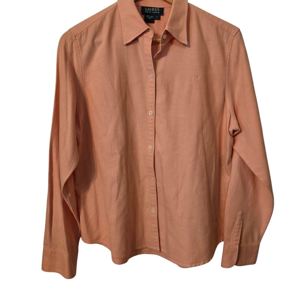 Lauren Ralph Lauren Shirt Womens L Pink Cotton Button Up Herringbone Long Sleeve